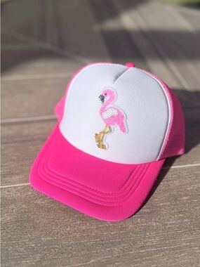 Pink & White Flamingo Sequin Trucker Hat